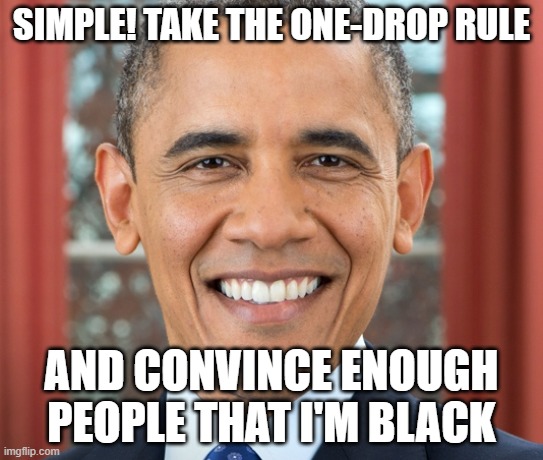Obama smiling | SIMPLE! TAKE THE ONE-DROP RULE AND CONVINCE ENOUGH PEOPLE THAT I'M BLACK | image tagged in obama smiling | made w/ Imgflip meme maker