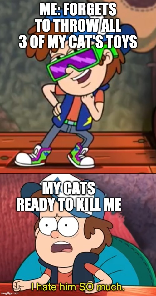 Oof me | ME: FORGETS TO THROW ALL 3 OF MY CAT'S TOYS; MY CATS READY TO KILL ME | image tagged in dipper i hate him so much | made w/ Imgflip meme maker