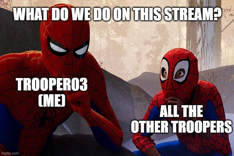I don't know what the point of this stream is.  Is it for troopers in training? | WHAT DO WE DO ON THIS STREAM? TROOPER03
(ME); ALL THE OTHER TROOPERS | image tagged in learning from spiderman,imgflip,trooper | made w/ Imgflip meme maker