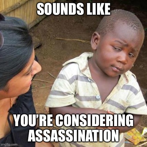 Third World Skeptical Kid Meme | SOUNDS LIKE YOU’RE CONSIDERING ASSASSINATION | image tagged in memes,third world skeptical kid | made w/ Imgflip meme maker