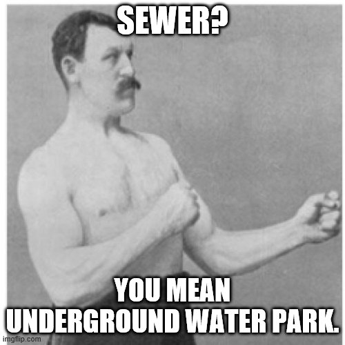 Overly Manly Man Meme | SEWER? YOU MEAN UNDERGROUND WATER PARK. | image tagged in memes,overly manly man,sewer,water,park | made w/ Imgflip meme maker