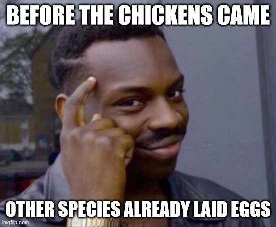 black guy pointing at head | BEFORE THE CHICKENS CAME OTHER SPECIES ALREADY LAID EGGS | image tagged in black guy pointing at head | made w/ Imgflip meme maker