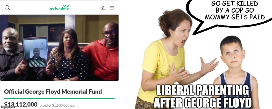 How GoFundMe changes everything | GO GET KILLED BY A COP SO MOMMY GETS PAID; LIBERAL PARENTING AFTER GEORGE FLOYD | image tagged in gofundme | made w/ Imgflip meme maker