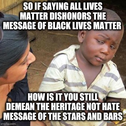 Stars and Bars Matter | SO IF SAYING ALL LIVES MATTER DISHONORS THE MESSAGE OF BLACK LIVES MATTER; HOW IS IT YOU STILL DEMEAN THE HERITAGE NOT HATE MESSAGE OF THE STARS AND BARS | image tagged in third world skeptical kid,black lives matter,confederate flag,riots,white people,mainstream media | made w/ Imgflip meme maker