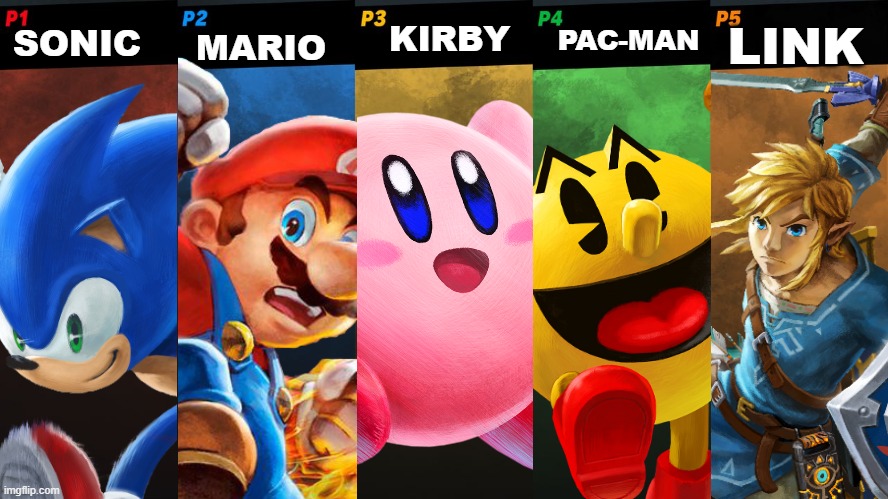 Smash mural renders jump to five player fights! | MARIO; PAC-MAN; LINK; KIRBY; SONIC | image tagged in smash bros 5 players fight,super smash bros | made w/ Imgflip meme maker