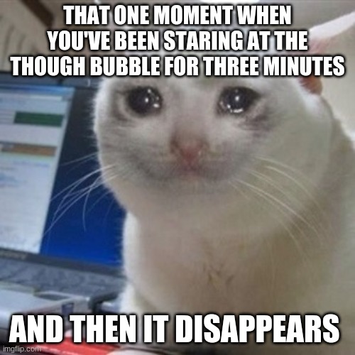 Crying cat | THAT ONE MOMENT WHEN YOU'VE BEEN STARING AT THE THOUGH BUBBLE FOR THREE MINUTES; AND THEN IT DISAPPEARS | image tagged in crying cat | made w/ Imgflip meme maker