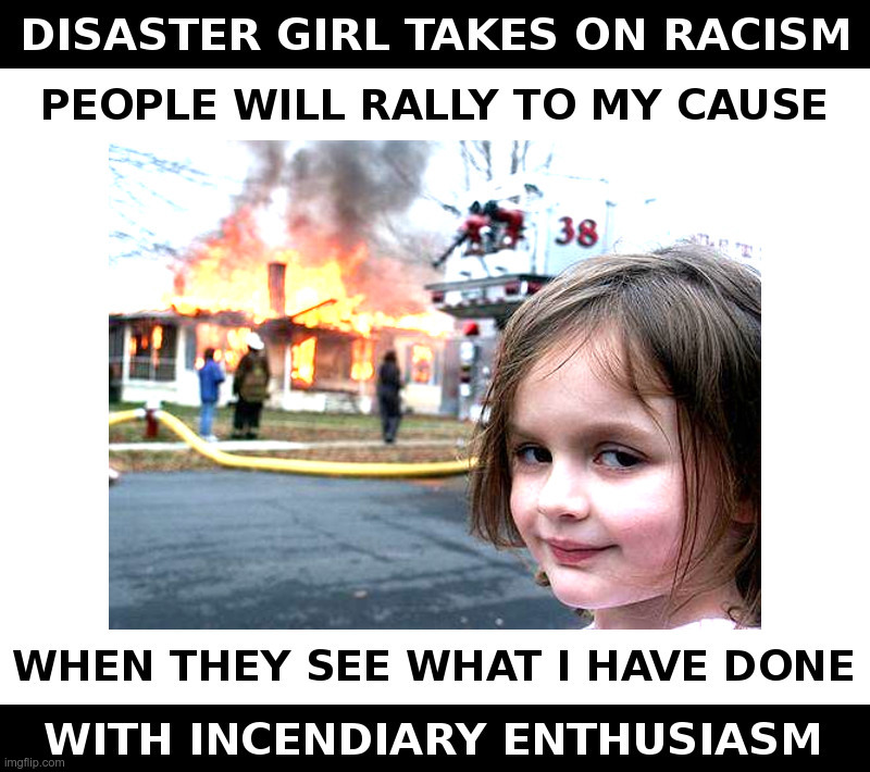 Disaster Girl Takes On Racism | image tagged in thugs,looters,liberals,democrats,disaster girl,house on fire | made w/ Imgflip meme maker