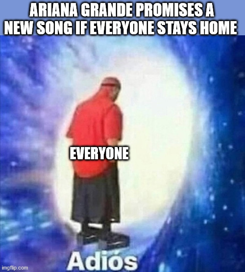 Adios | ARIANA GRANDE PROMISES A NEW SONG IF EVERYONE STAYS HOME; EVERYONE | image tagged in adios | made w/ Imgflip meme maker