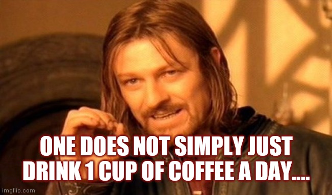 One Does Not Simply Meme | ONE DOES NOT SIMPLY JUST DRINK 1 CUP OF COFFEE A DAY.... | image tagged in memes,one does not simply | made w/ Imgflip meme maker