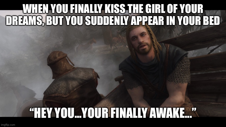 Damn bro...that sucks... | WHEN YOU FINALLY KISS THE GIRL OF YOUR DREAMS, BUT YOU SUDDENLY APPEAR IN YOUR BED; “HEY YOU...YOUR FINALLY AWAKE...” | image tagged in skyrim you're finally awake | made w/ Imgflip meme maker