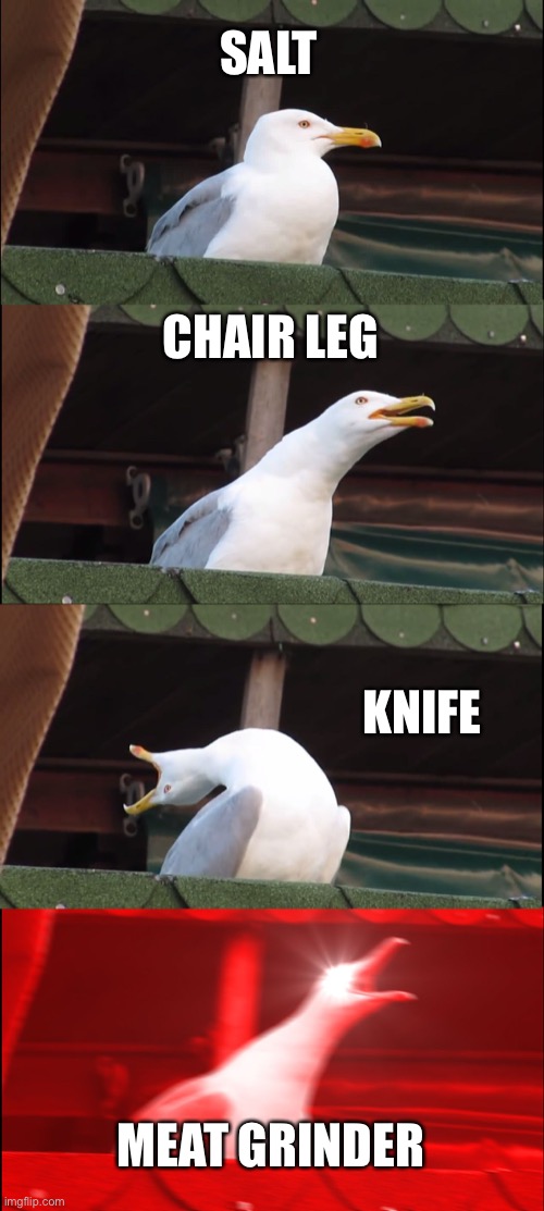 Inhaling Seagull Meme | SALT CHAIR LEG KNIFE MEAT GRINDER | image tagged in memes,inhaling seagull | made w/ Imgflip meme maker
