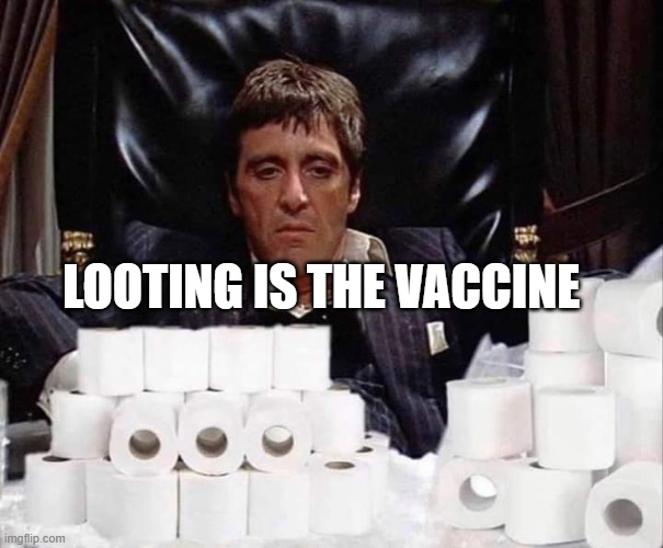 Scarface Stash | LOOTING IS THE VACCINE | image tagged in scarface stash | made w/ Imgflip meme maker
