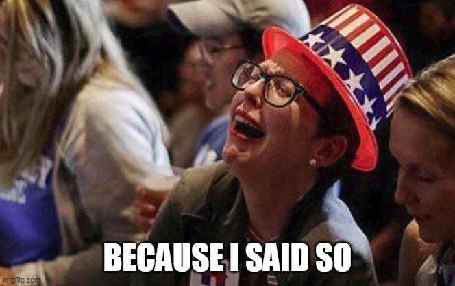 Crying Liberal | BECAUSE I SAID SO | image tagged in crying liberal | made w/ Imgflip meme maker