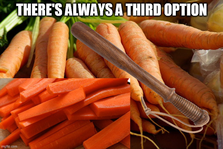 Carrot Sticks | THERE'S ALWAYS A THIRD OPTION | image tagged in carrot,stick,carrot stick,motivation | made w/ Imgflip meme maker