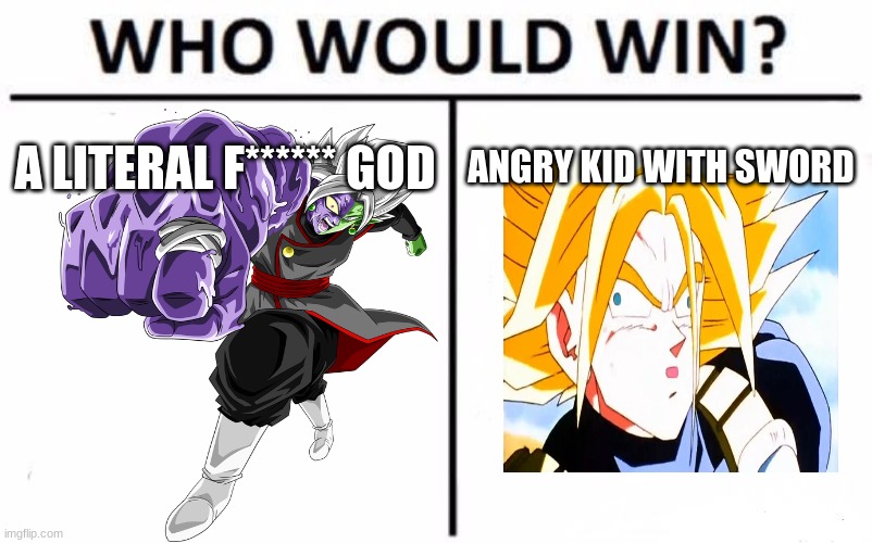 guess who would win | A LITERAL F****** GOD; ANGRY KID WITH SWORD | image tagged in memes,who would win,zamasu,trunks | made w/ Imgflip meme maker