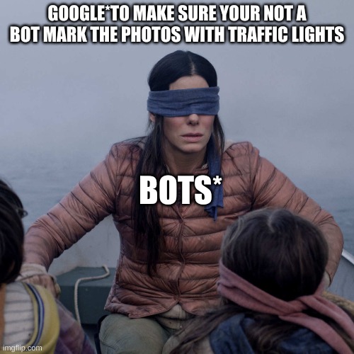 i failed at one these tests | GOOGLE*TO MAKE SURE YOUR NOT A BOT MARK THE PHOTOS WITH TRAFFIC LIGHTS; BOTS* | image tagged in memes,bird box | made w/ Imgflip meme maker