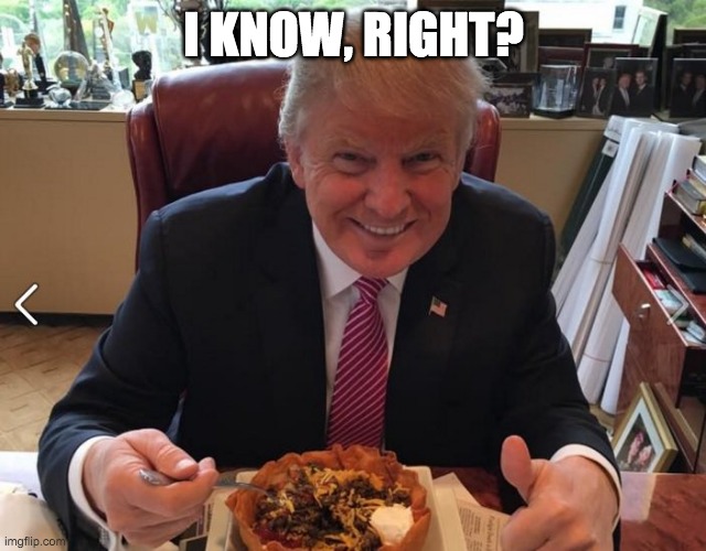 Trump taco bowl | I KNOW, RIGHT? | image tagged in trump taco bowl | made w/ Imgflip meme maker