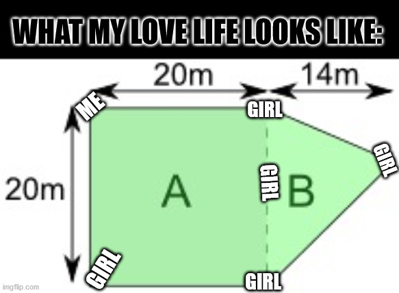 What my love life looks like | WHAT MY LOVE LIFE LOOKS LIKE:; ME; GIRL; GIRL; GIRL; GIRL; GIRL | image tagged in love life shape,help,memes,funny,awkward,lol | made w/ Imgflip meme maker