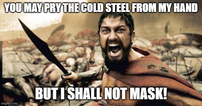 cold dead hands | YOU MAY PRY THE COLD STEEL FROM MY HAND; BUT I SHALL NOT MASK! | image tagged in memes,sparta leonidas | made w/ Imgflip meme maker