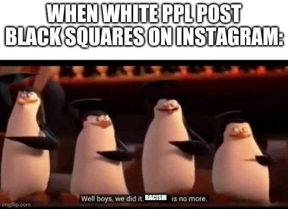 No racism bro | WHEN WHITE PPL POST BLACK SQUARES ON INSTAGRAM:; RACISM | image tagged in well boys we did it blank is no more,no racism | made w/ Imgflip meme maker