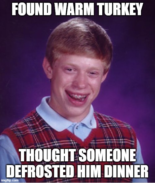Bad Luck Brian Meme | FOUND WARM TURKEY THOUGHT SOMEONE DEFROSTED HIM DINNER | image tagged in memes,bad luck brian | made w/ Imgflip meme maker