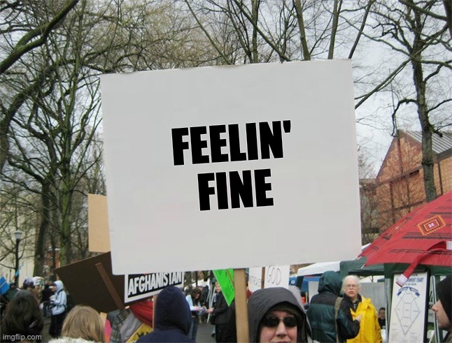 Feelin' Fine :) | FEELIN'
FINE | image tagged in blank protest sign | made w/ Imgflip meme maker