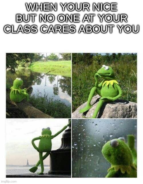 rip | WHEN YOUR NICE BUT NO ONE AT YOUR CLASS CARES ABOUT YOU | image tagged in kermit sad montage compilation,memes | made w/ Imgflip meme maker