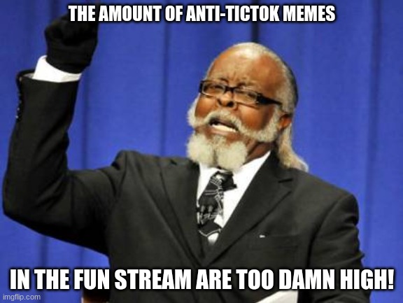 Everywhere I go, I see anti-tictok memes put them in the antitictok stream | THE AMOUNT OF ANTI-TICTOK MEMES; IN THE FUN STREAM ARE TOO DAMN HIGH! | image tagged in memes,too damn high | made w/ Imgflip meme maker