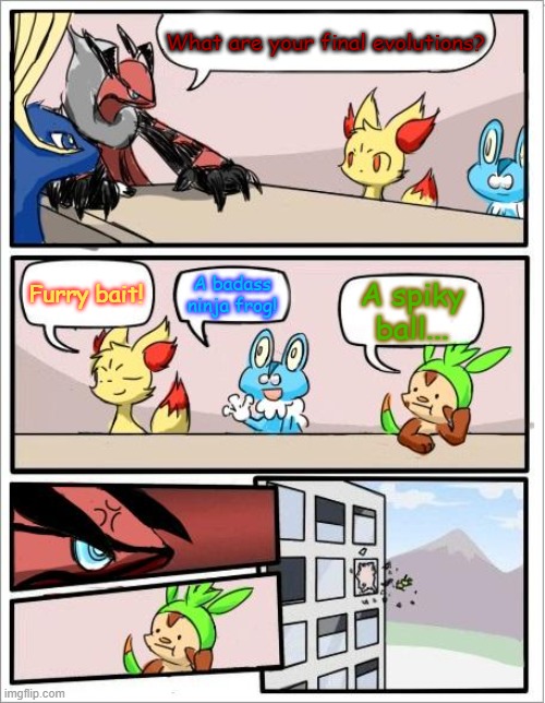 Pokemon board meeting | What are your final evolutions? Furry bait! A badass ninja frog! A spiky ball... | image tagged in pokemon board meeting | made w/ Imgflip meme maker