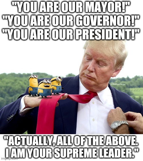 Thinks he can do anything he wants | "YOU ARE OUR MAYOR!"
"YOU ARE OUR GOVERNOR!"
"YOU ARE OUR PRESIDENT!"; "ACTUALLY, ALL OF THE ABOVE.  I AM YOUR SUPREME LEADER." | image tagged in donald trump,dictator,dumbass,hypocrisy,republicans | made w/ Imgflip meme maker