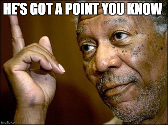 This Morgan Freeman | HE'S GOT A POINT YOU KNOW | image tagged in this morgan freeman | made w/ Imgflip meme maker