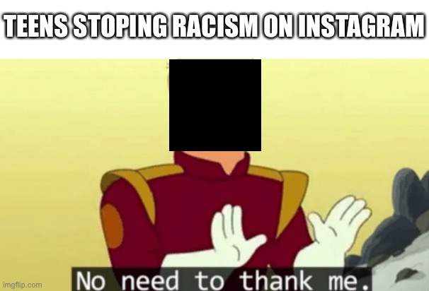 Instagram heros | TEENS STOPING RACISM ON INSTAGRAM | image tagged in no need to thank me | made w/ Imgflip meme maker