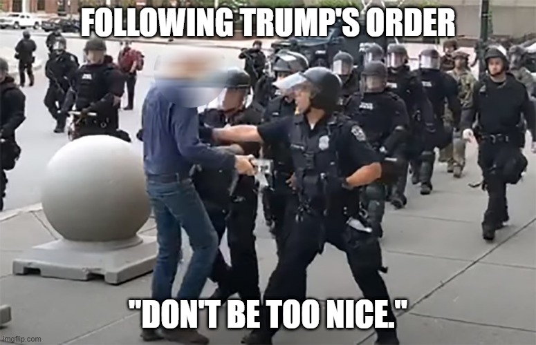 Trump: Don't be too nice. | FOLLOWING TRUMP'S ORDER; "DON'T BE TOO NICE." | image tagged in donald trump,police brutality | made w/ Imgflip meme maker