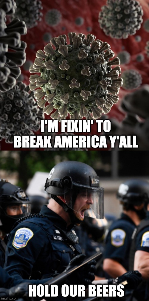 2020 | I'M FIXIN' TO BREAK AMERICA Y'ALL; HOLD OUR BEERS | image tagged in coronavirus,police,cops | made w/ Imgflip meme maker