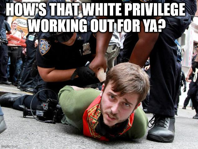 Upper middle class protestor | HOW'S THAT WHITE PRIVILEGE 
WORKING OUT FOR YA? | image tagged in arresting protestor | made w/ Imgflip meme maker