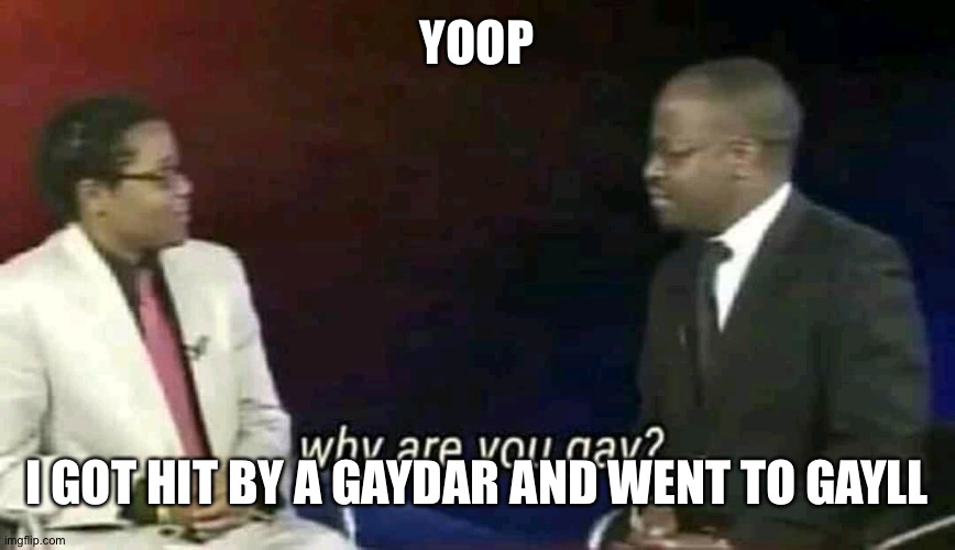 Me all the time | YOOP; I GOT HIT BY A GAYDAR AND WENT TO GAYLL | image tagged in why are you gay | made w/ Imgflip meme maker