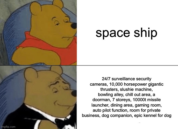 Tuxedo Winnie The Pooh Meme | space ship; 24/7 surveillance security cameras, 10,000 horsepower gigantic thrusters, slushie machine, bowling alley, chill out area, a doorman, 7 storeys, 10000t missile launcher, dining area, gaming room, auto pilot function, room for private business, dog companion, epic kennel for dog | image tagged in memes,tuxedo winnie the pooh | made w/ Imgflip meme maker