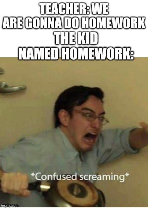 Confused screaming | TEACHER: WE ARE GONNA DO HOMEWORK; THE KID NAMED HOMEWORK: | image tagged in confused screaming,homework,school,teacher | made w/ Imgflip meme maker