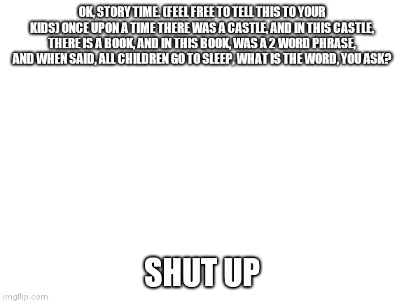 Blank White Template | OK, STORY TIME. (FEEL FREE TO TELL THIS TO YOUR KIDS) ONCE UPON A TIME THERE WAS A CASTLE, AND IN THIS CASTLE, THERE IS A BOOK, AND IN THIS BOOK, WAS A 2 WORD PHRASE, AND WHEN SAID, ALL CHILDREN GO TO SLEEP, WHAT IS THE WORD, YOU ASK? SHUT UP | image tagged in blank white template | made w/ Imgflip meme maker