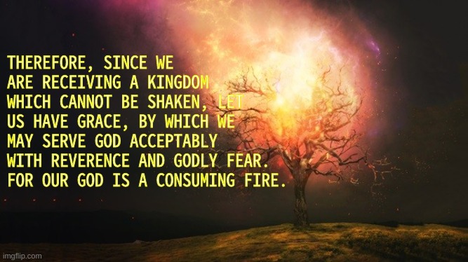 our God is a consuming fire | THEREFORE, SINCE WE ARE RECEIVING A KINGDOM WHICH CANNOT BE SHAKEN, LET US HAVE GRACE, BY WHICH WE MAY SERVE GOD ACCEPTABLY WITH REVERENCE AND GODLY FEAR. FOR OUR GOD IS A CONSUMING FIRE. | image tagged in our god is a consuming fire | made w/ Imgflip meme maker