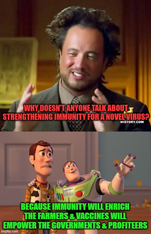 The big question | WHY DOESN'T ANYONE TALK ABOUT STRENGTHENING IMMUNITY FOR A NOVEL VIRUS? BECAUSE IMMUNITY WILL ENRICH THE FARMERS & VACCINES WILL EMPOWER THE GOVERNMENTS & PROFITEERS | image tagged in memes,ancient aliens,x x everywhere | made w/ Imgflip meme maker