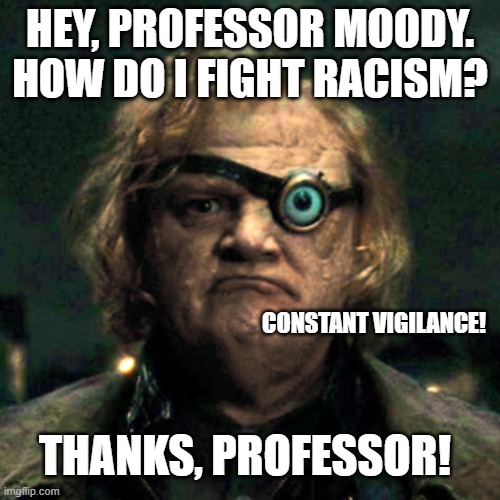 No-nonsense Moody | HEY, PROFESSOR MOODY. HOW DO I FIGHT RACISM? CONSTANT VIGILANCE! THANKS, PROFESSOR! | image tagged in professor moody,racism,black lives matter | made w/ Imgflip meme maker