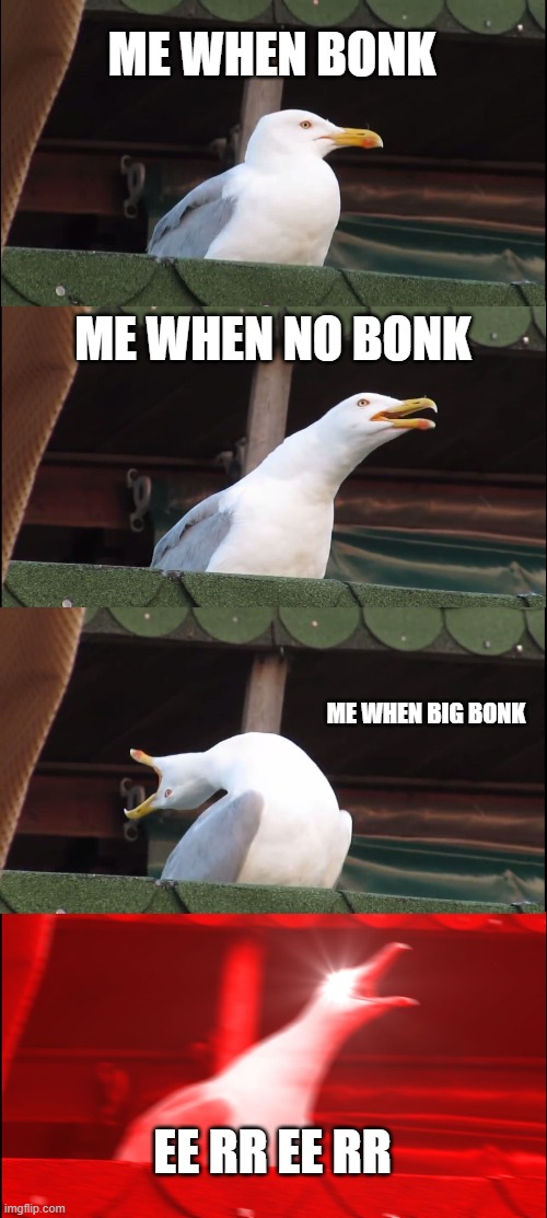 Inhaling Seagull Meme | ME WHEN BONK; ME WHEN NO BONK; ME WHEN BIG BONK; EE RR EE RR | image tagged in memes,inhaling seagull,ee rr | made w/ Imgflip meme maker