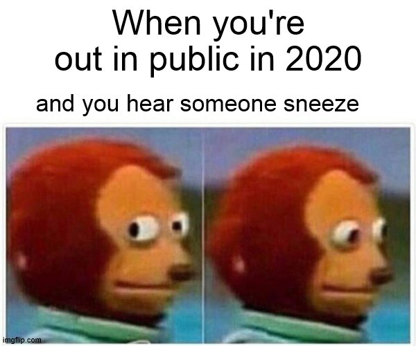Monkey Puppet | When you're out in public in 2020; and you hear someone sneeze | image tagged in memes,monkey puppet,covid-19 | made w/ Imgflip meme maker