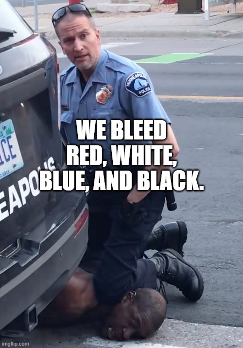 We bleed red, white, blue, and black. | WE BLEED RED, WHITE, BLUE, AND BLACK. | image tagged in derek chauvinist pig | made w/ Imgflip meme maker