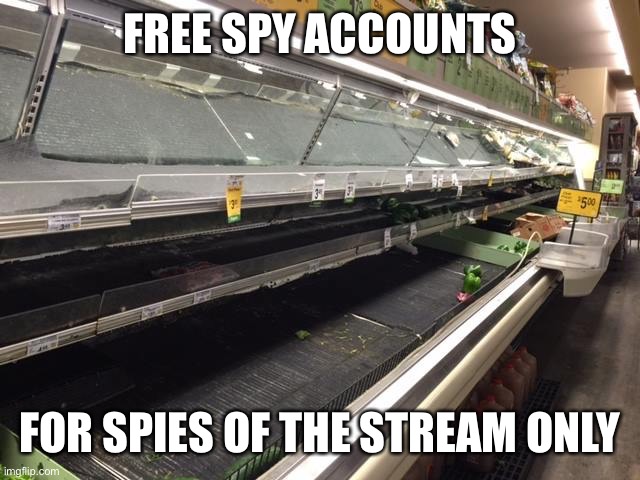 Get your spy accounts here! | FREE SPY ACCOUNTS; FOR SPIES OF THE STREAM ONLY | image tagged in empty grocery store | made w/ Imgflip meme maker
