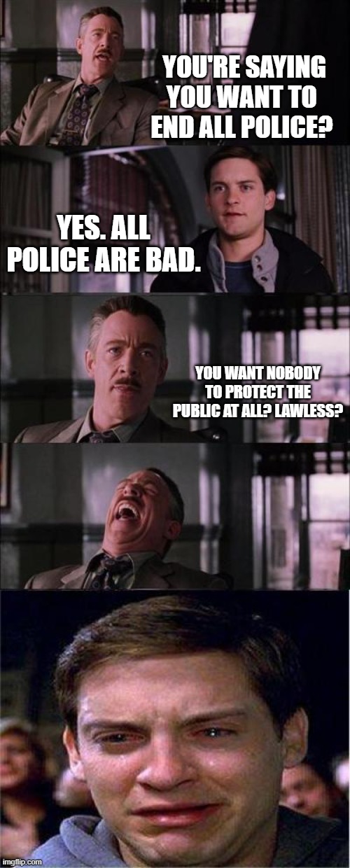 Peter Parker Cry | YOU'RE SAYING YOU WANT TO END ALL POLICE? YES. ALL POLICE ARE BAD. YOU WANT NOBODY TO PROTECT THE PUBLIC AT ALL? LAWLESS? | image tagged in memes,peter parker cry | made w/ Imgflip meme maker