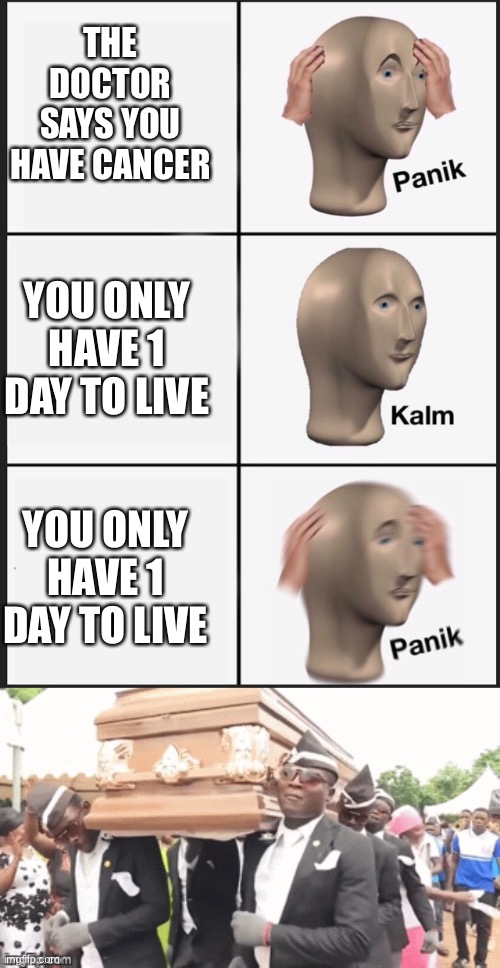 THE DOCTOR SAYS YOU HAVE CANCER; YOU ONLY HAVE 1 DAY TO LIVE; YOU ONLY HAVE 1 DAY TO LIVE | image tagged in memes,panik kalm panik | made w/ Imgflip meme maker