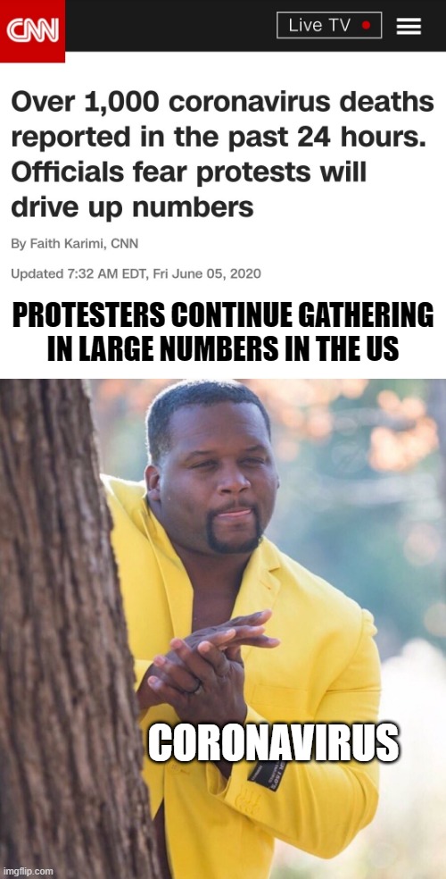 are we forgetting smt? | PROTESTERS CONTINUE GATHERING IN LARGE NUMBERS IN THE US; CORONAVIRUS | image tagged in coronavirus,covid19,protests | made w/ Imgflip meme maker