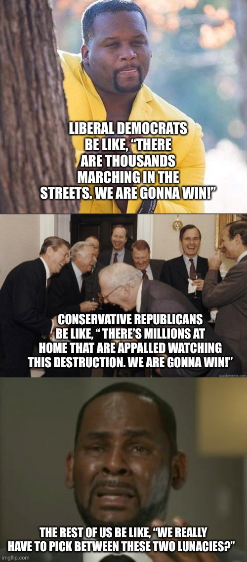 LIBERAL DEMOCRATS BE LIKE, “THERE ARE THOUSANDS MARCHING IN THE STREETS. WE ARE GONNA WIN!”; CONSERVATIVE REPUBLICANS BE LIKE, “ THERE’S MILLIONS AT HOME THAT ARE APPALLED WATCHING THIS DESTRUCTION. WE ARE GONNA WIN!”; THE REST OF US BE LIKE, “WE REALLY HAVE TO PICK BETWEEN THESE TWO LUNACIES?” | image tagged in yellow jacket man excited | made w/ Imgflip meme maker